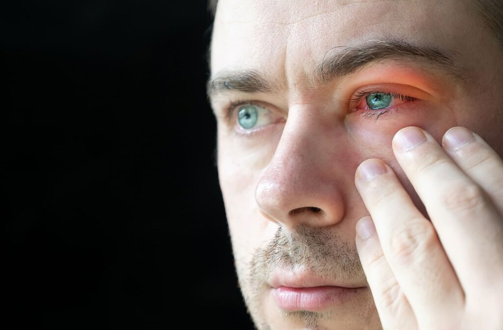 A close-up of a man with Blepharitis is touching the lower part of his eye