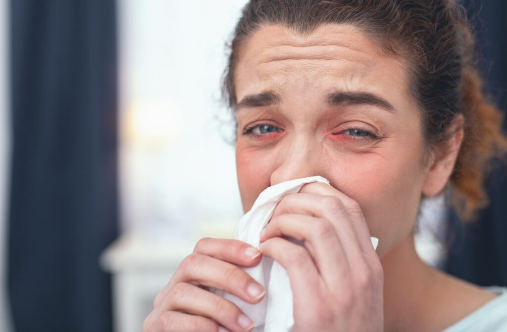 A woman using a tissue to wipe her runny nose, she also has red, watery eyes from allergies