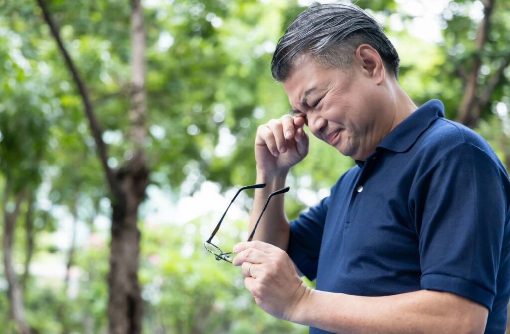 In a sunny park, an adult holds their glasses while they rub irritated eyes.