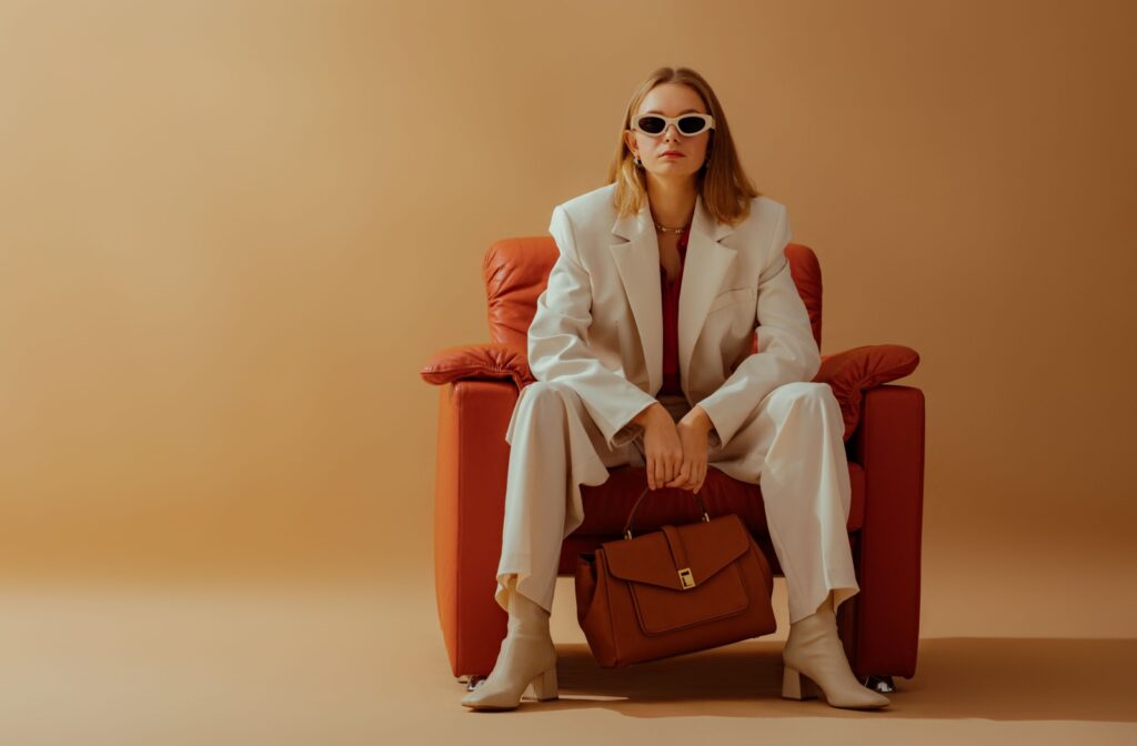 In an orange ombre room, a businessperson with sleek, thick-framed sunglasses sits in a power pose on a leather chair