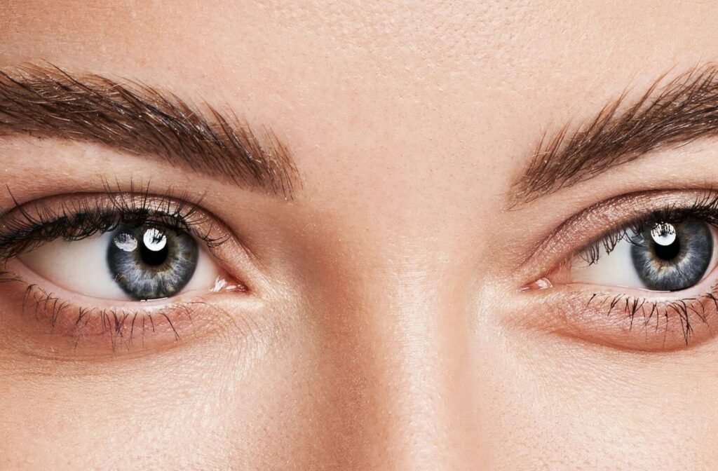 Close-up of a person’s blue eyes with long eyelashes and well-groomed eyebrows